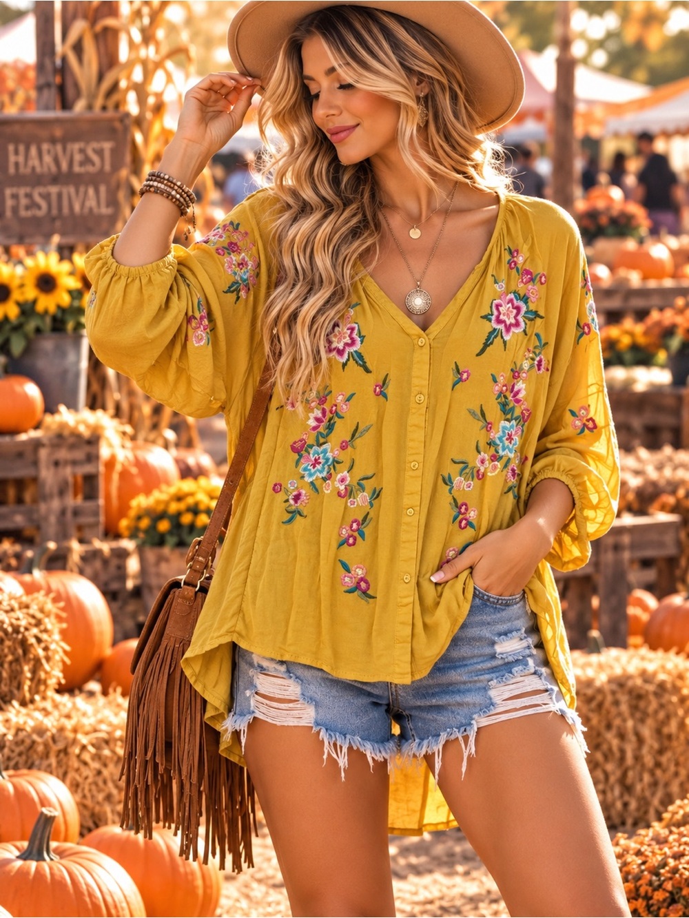 Umgee womans Mustard Embroidered V-Neck Women's Top size L